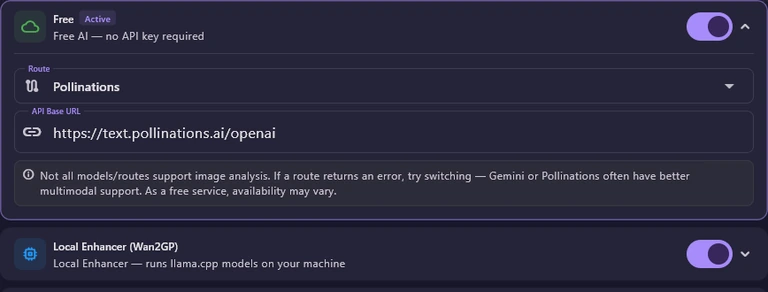 The Free card expanded in API Provider Settings: an Active badge, Route set to Pollinations, the API Base URL, and a note about image analysis.