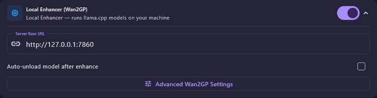 The Local Enhancer (Wan2GP) card expanded: Server Base URL http://127.0.0.1:7860, an Auto-unload model after enhance tick box, and the Advanced Wan2GP Settings button.