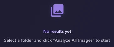 No results yet, with the hint Select a folder and click "Analyze All Images" to start.