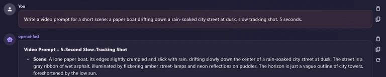 A message from You and the start of a reply from openai-fast, with delete and copy icons beside each and a regenerate icon beside the reply.