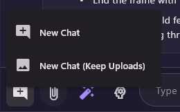 The New Chat menu with New Chat and New Chat (Keep Uploads).