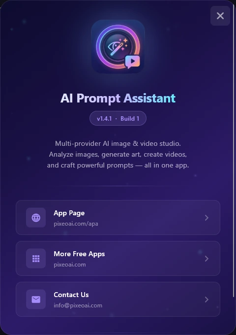 The About window: the app icon, AI Prompt Assistant, v1.4.1 · Build 1, a short description, and three links: App Page, More Free Apps and Contact Us.