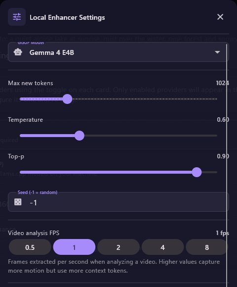 Local Enhancer Settings: GGUF Model set to Gemma 4 E4B, sliders for Max new tokens (1024), Temperature (0.60) and Top-p (0.90), Seed -1, and Video analysis FPS buttons with 1 selected.