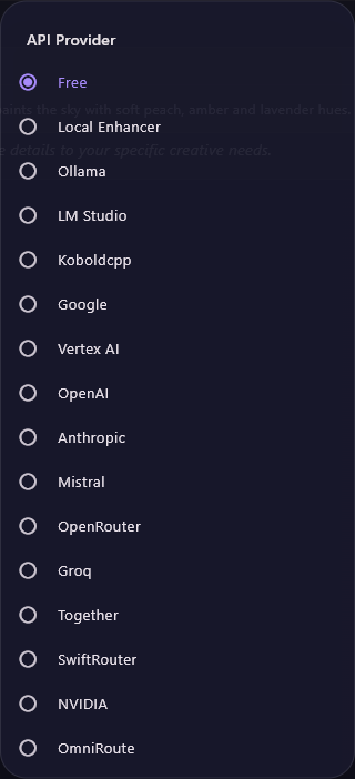 The API Provider list with sixteen providers, from Free (selected) to OmniRoute.