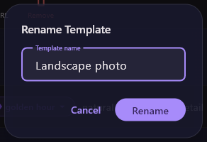 The Rename Template dialog with Landscape photo in the Template name box, and the Cancel and Rename buttons.