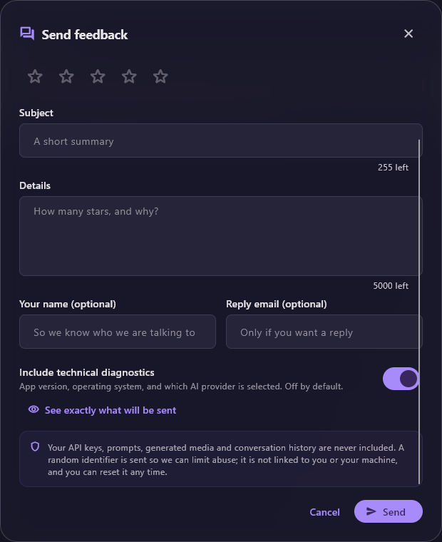 The Send feedback form with Include technical diagnostics switched on, the See exactly what will be sent link, and a privacy note below it.