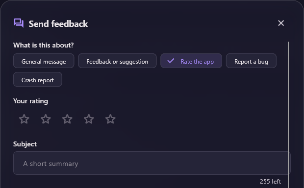 The top of the Send feedback form: the five topic buttons with Rate the app ticked, and the Your rating row of stars.