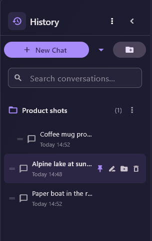 The History panel in the Folders view: New Chat, a new-folder button, Search conversations…, a Product shots folder and three chats, one showing its row buttons.