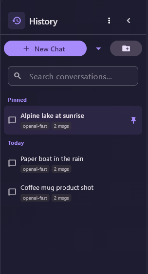 The Recent view: a Pinned group with Alpine lake at sunrise, and a Today group with two chats, each with its model and message-count badges.