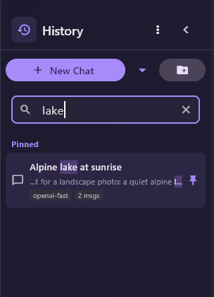 The History search box with lake typed, showing one pinned chat, Alpine lake at sunrise, with the word highlighted in the title and in a snippet of the message.