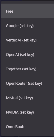 The provider list: Free, then Google, Vertex AI, OpenAI, Together, OpenRouter, Mistral and NVIDIA, each marked (set key), and OmniRoute.