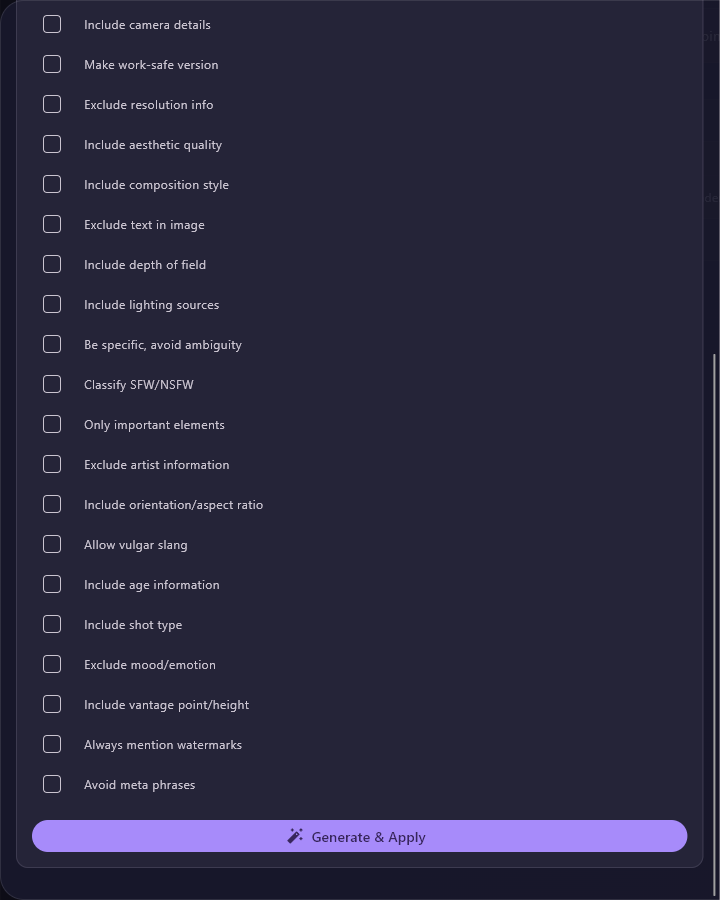 The rest of the Extra Options, from Include camera details to Avoid meta phrases, and the Generate & Apply button.