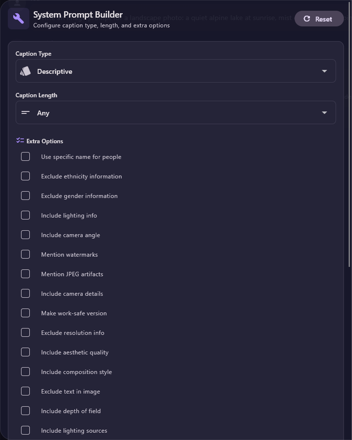 The left side: Reset, Caption Type set to Descriptive, Caption Length set to Any, and the first Extra Options, from Use specific name for people to Include lighting sources.