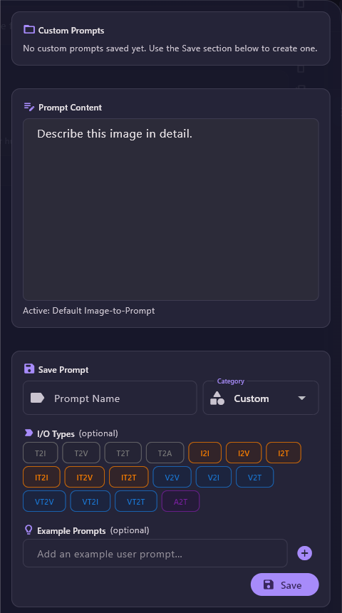 The right side: Custom Prompts with No custom prompts saved yet, Prompt Content reading Describe this image in detail. with Active: Default Image-to-Prompt, and Save Prompt with Prompt Name, Category Custom, the I/O Types chips, Example Prompts and Save.