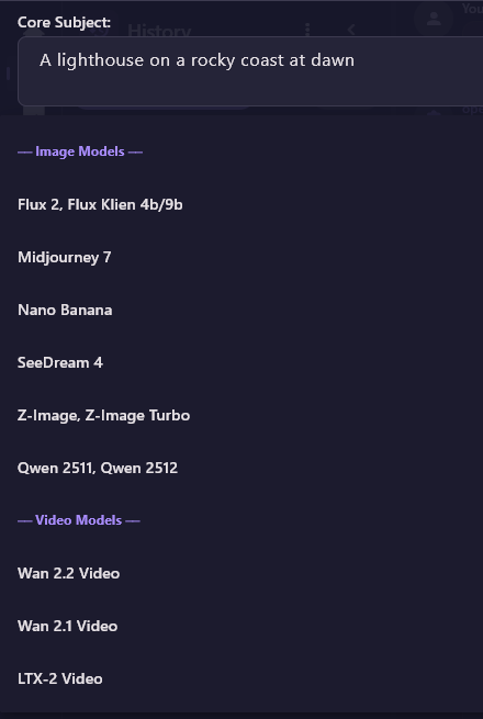 The SELECT AI MODEL list open: Image Models from Flux 2, Flux Klien 4b/9b down to Qwen 2511, Qwen 2512, then Video Models Wan 2.2 Video, Wan 2.1 Video and LTX-2 Video.