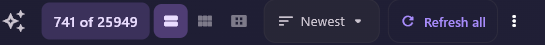 The right end of the toolbar: the sparkle button, the counter 741 of 25949, three thumbnail-size buttons, Newest, Refresh all and the three-dot menu.