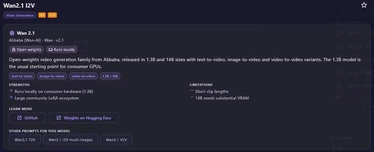 The details of Wan2.1 I2V: category and badges, then a model card for Wan 2.1 by Alibaba (Wan-AI) with Open weights and Runs locally chips, a description, Strengths, Limitations, Learn more links to GitHub and Hugging Face, and other prompts for this model.