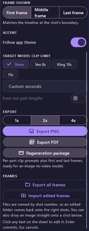 The options column scrolled down: Frame shown, Accent, Target model clip limit, Export with Export PNG, Export PDF and Regeneration package, then Frames with Export all frames and Import edited frames.