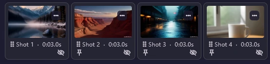 The shot strip: four cards, Shot 1 to Shot 4, each 0:03.0s, with a menu button on the picture and pin and hide icons underneath.