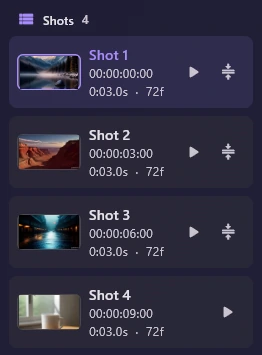 The Shots list with four rows, Shot 1 to Shot 4, each with a thumbnail, a start timecode, 0:03.0s, 72f, a play button and a merge button.