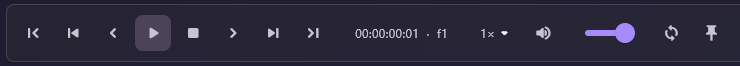 The playback bar: buttons for start, previous cut, back one frame, play, stop, forward one frame, next cut and end, then the timecode 00:00:00:01 · f1, speed 1×, volume, loop and snap.