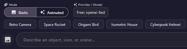 Mode, Provider / Model and the first five suggestion chips: Retro Camera, Space Rocket, Origami Bird, Isometric House and Cyberpunk Helmet.