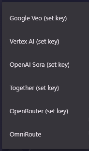 The provider list: Google Veo, Vertex AI, OpenAI Sora, Together and OpenRouter, each marked (set key), and OmniRoute.