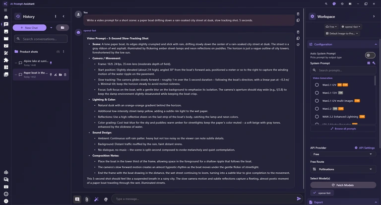 The Chat tab: the History panel on the left, a request for a video prompt about a paper boat and the model's long, formatted answer in the middle, and the Workspace sidebar on the right.