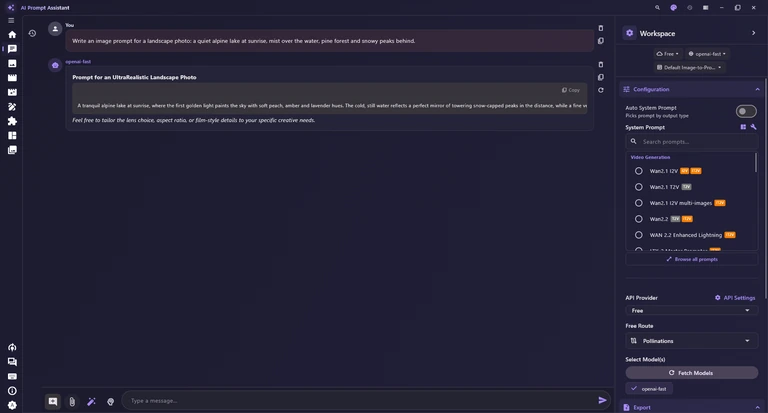 The Chat tab with the History panel hidden: only a slim strip with a history button remains beside the navigation pane.