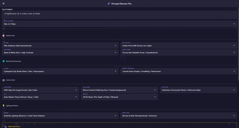 The Prompt Director Pro window: Core Subject, SELECT AI MODEL set to Wan 2.2 Video, and the Style & Look, World & Environment, Camera Gear, Lighting & Mood and Video Movement sections with choices filled in.