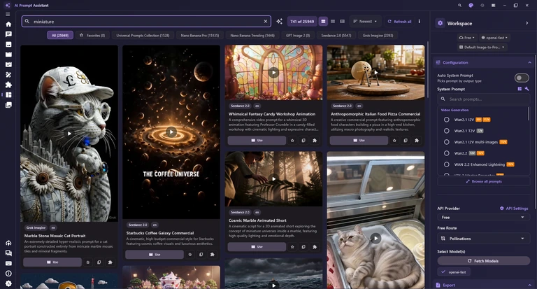 The Prompts tab: the search box with the word miniature, 741 of 25949, the library buttons, and a grid of prompt cards with pictures and video previews.