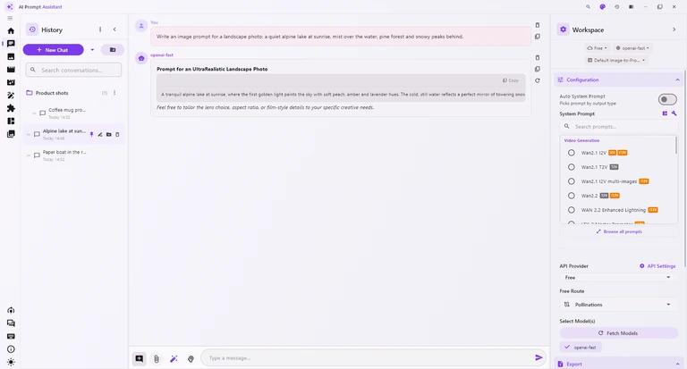 The Chat tab in light mode: pale backgrounds with purple accents across the History panel, the conversation and the Workspace sidebar.
