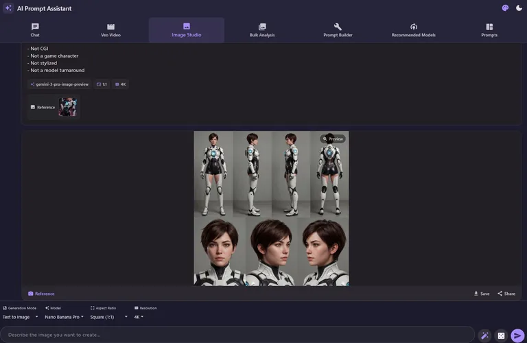 Image Studio displaying an AI-generated character reference sheet