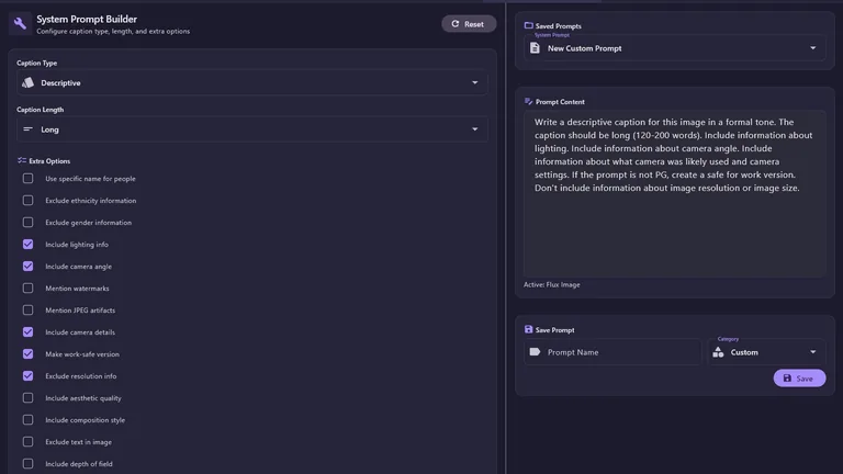 Prompt Builder with guided controls for creating a detailed system prompt