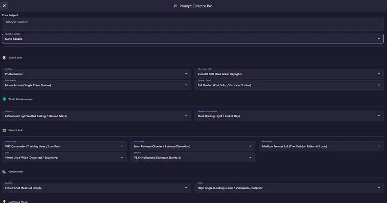 Prompt Director controls for style, camera, lighting, and composition