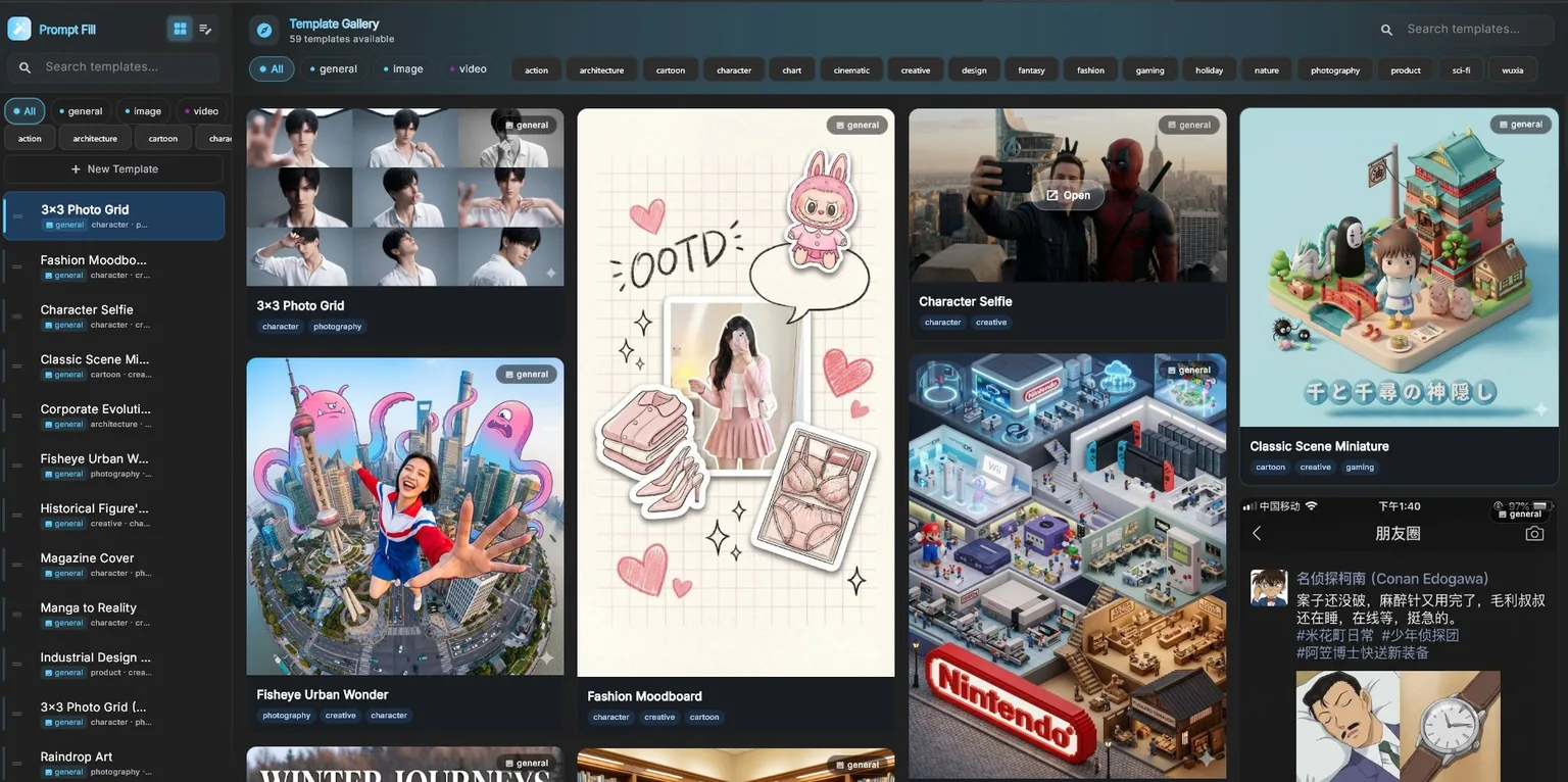 PromptFill template gallery with visual prompt examples