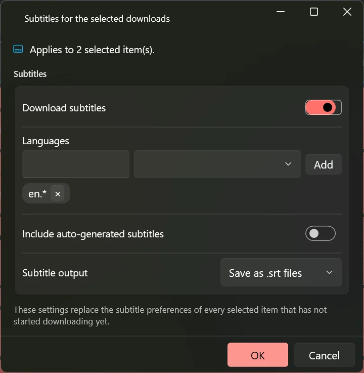 The bulk subtitles window with Download subtitles on, a language tag and the output drop-down.