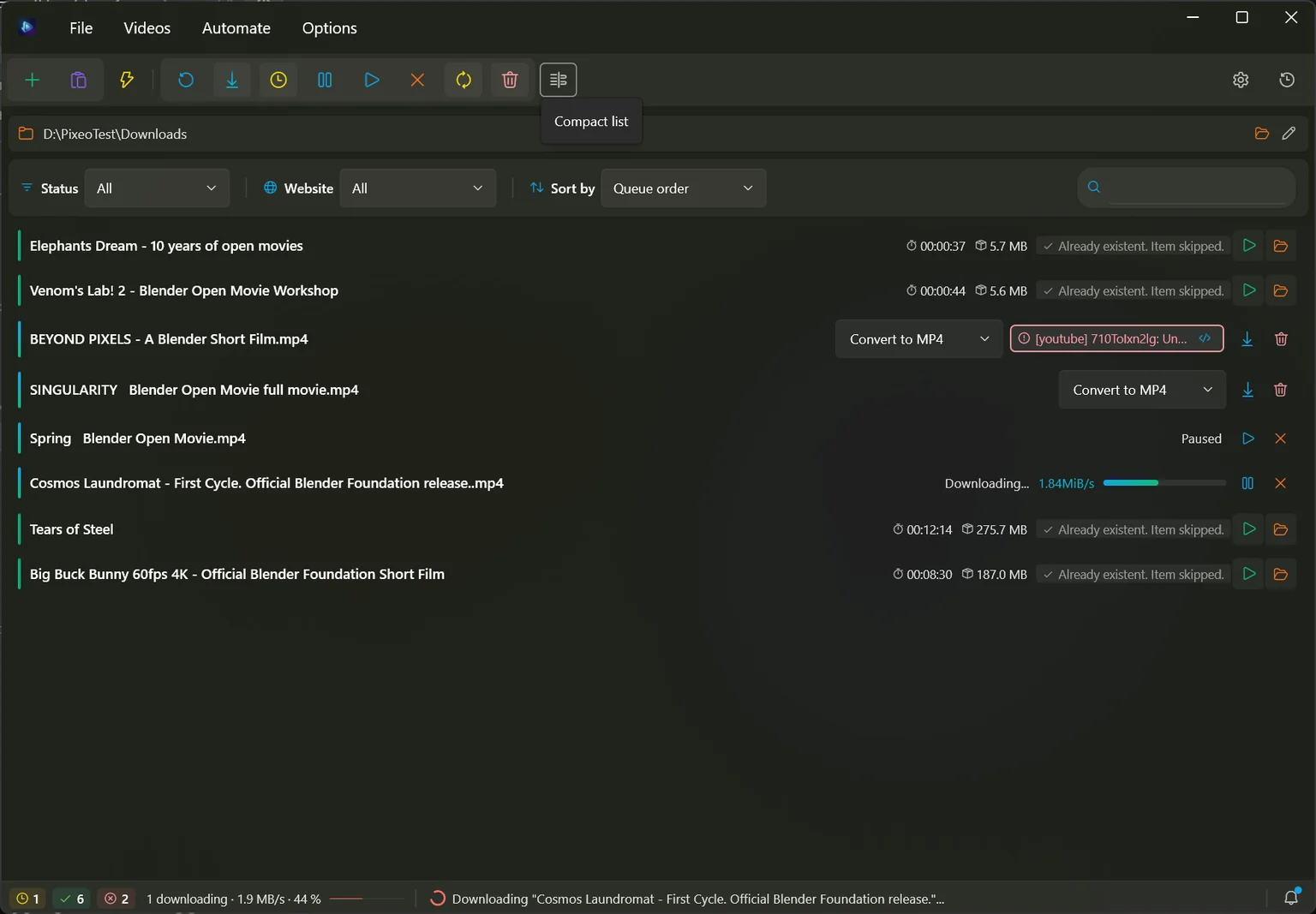 The download list in compact mode, one line per video.