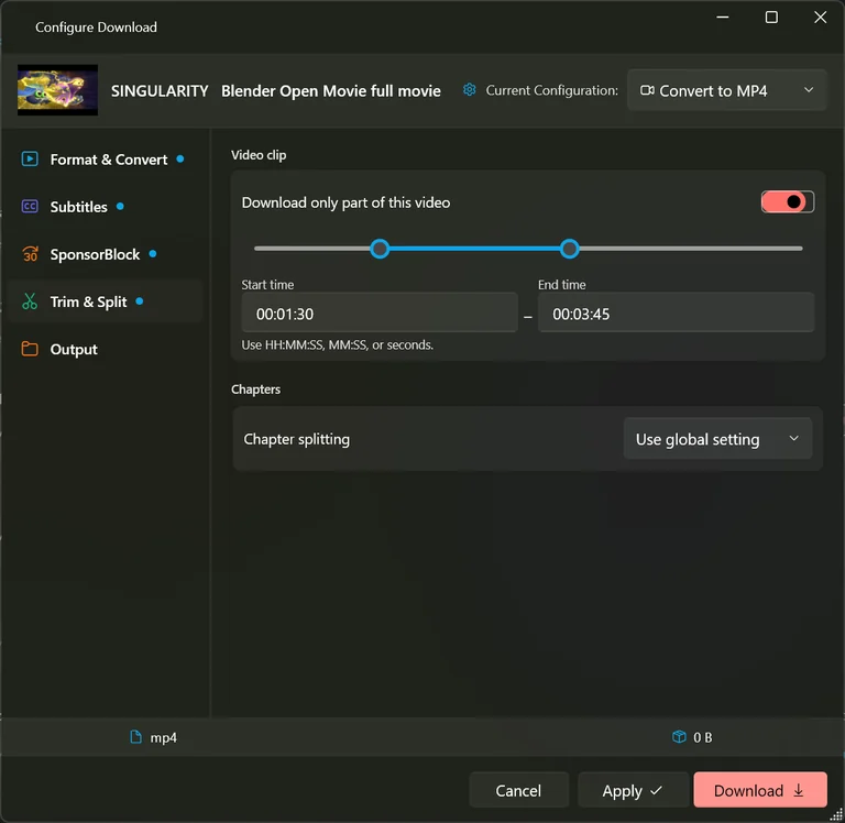 The Trim and Split section of Configure Download with a two-handle slider and start and end time boxes filled in, plus a chapter splitting drop-down underneath.