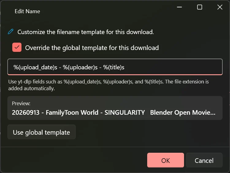 The Edit Name window with the override box ticked, a template using date, uploader and title, and a live preview of the resulting file name.