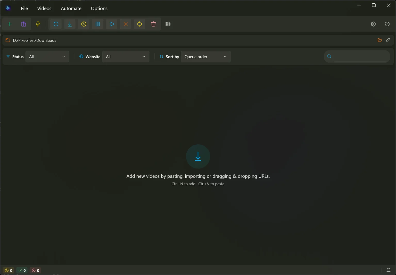 The app with an empty download list, showing the menu bar, the toolbar, the download folder bar and the filter bar.