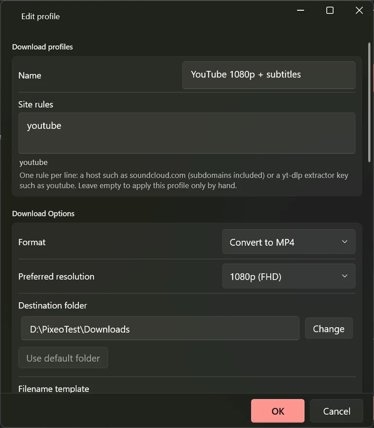 The profile editor filled in: a name, a site rule reading youtube, the format, the preferred resolution, a destination folder and a file name template.