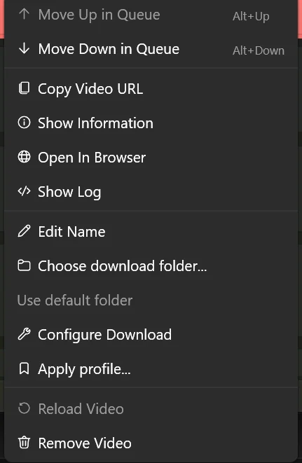 The right-click menu on a row, listing move, copy link, information, open in browser, show log, rename, folder, configure, apply profile, reload, remove and delete files.