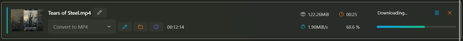 A downloading row showing 122 megabytes so far, 25 seconds remaining, 1.9 megabytes per second, 60.6 per cent and a progress bar.