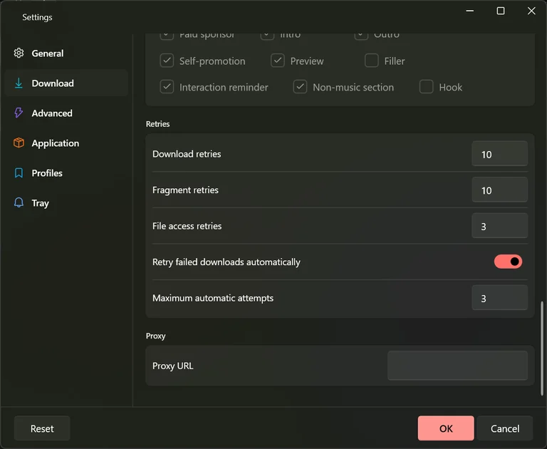 The Retries section of the Settings Download tab showing the three retry counts, the automatic retry switch, the maximum attempts box and an empty proxy field.
