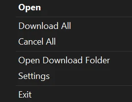 The notification area menu showing Open, Download All, Cancel All, Open Download Folder, Settings and Exit.