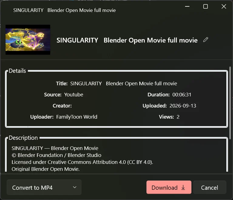 The video information window showing a thumbnail, title, source, duration, uploader, upload date, views and the description.
